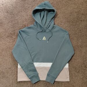 Reebok Hoodie Womens S Pullover Long Sleeve Colorblock Cropped Sweater Teal Pink